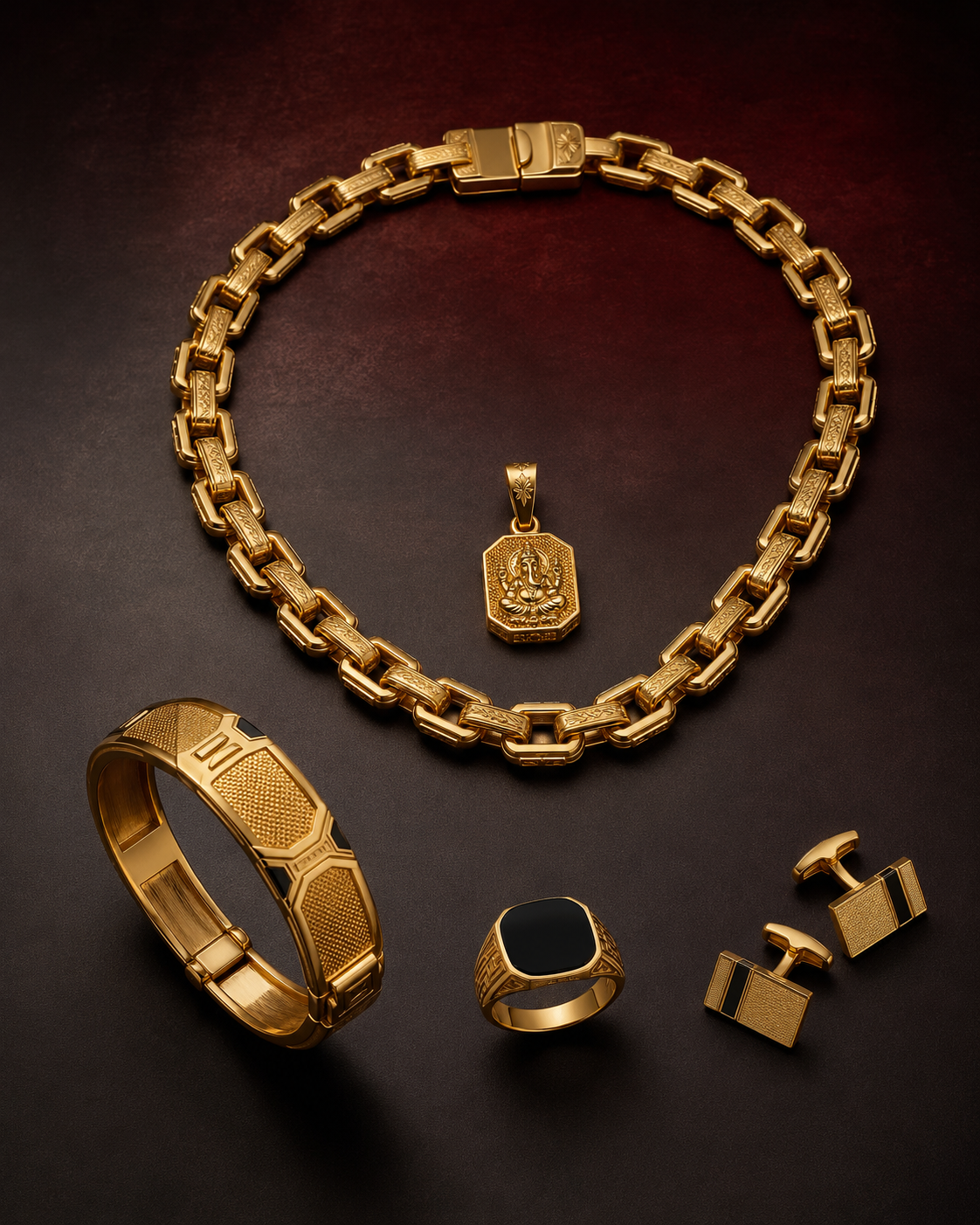 Engraved box chain, Ganesha pendant, onyx signet, cufflinks and kada
