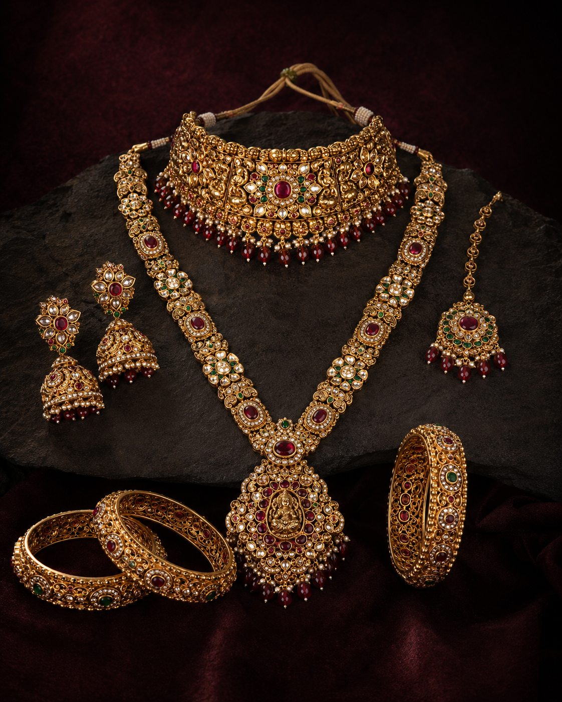 Maharani bridal set — choker, long haar, jhumkas and bangles