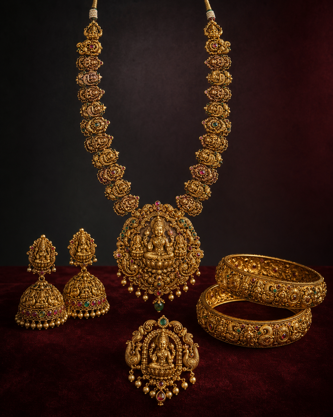 Temple heritage Lakshmi set — long haar, jhumkas and kada
